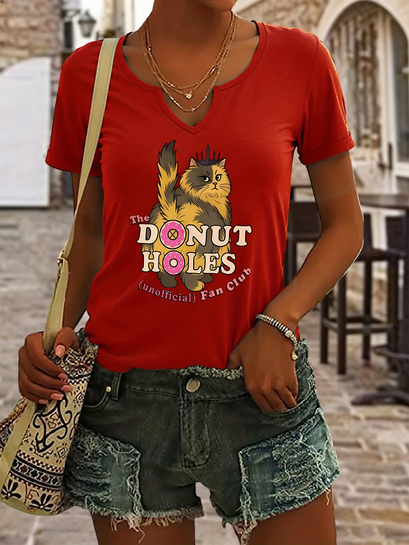Women's Summer V-Neck Short Sleeve T-Shirt, Funny Cat 