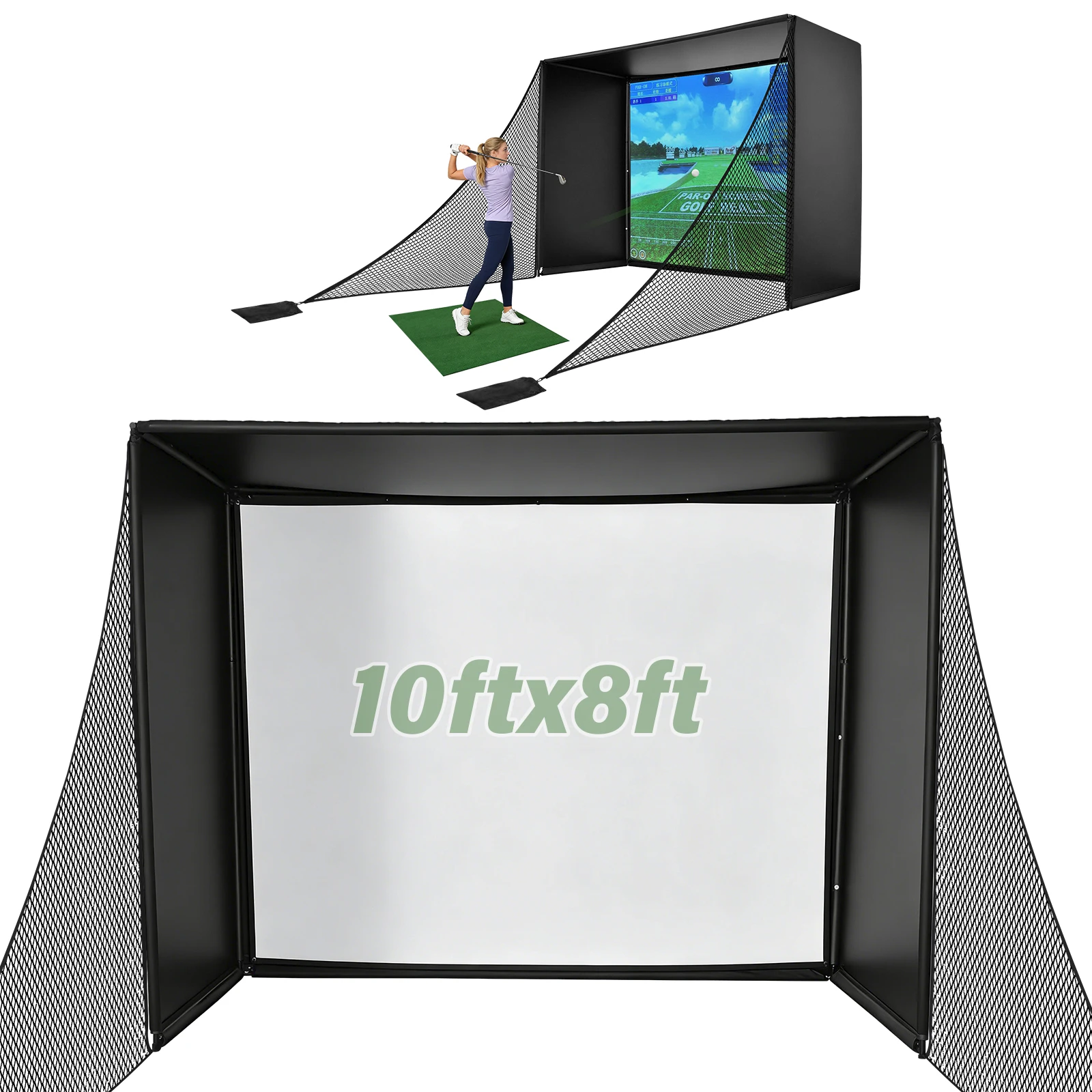 Golf Hitting Cage Net 10 X 8 Ft with Simulator Impact Screen, Frame Kit, Side Enclosure Panels, Portable Practice Driving Chipping Net for Indoor Garage Outdoor Backyard Home Golf Training