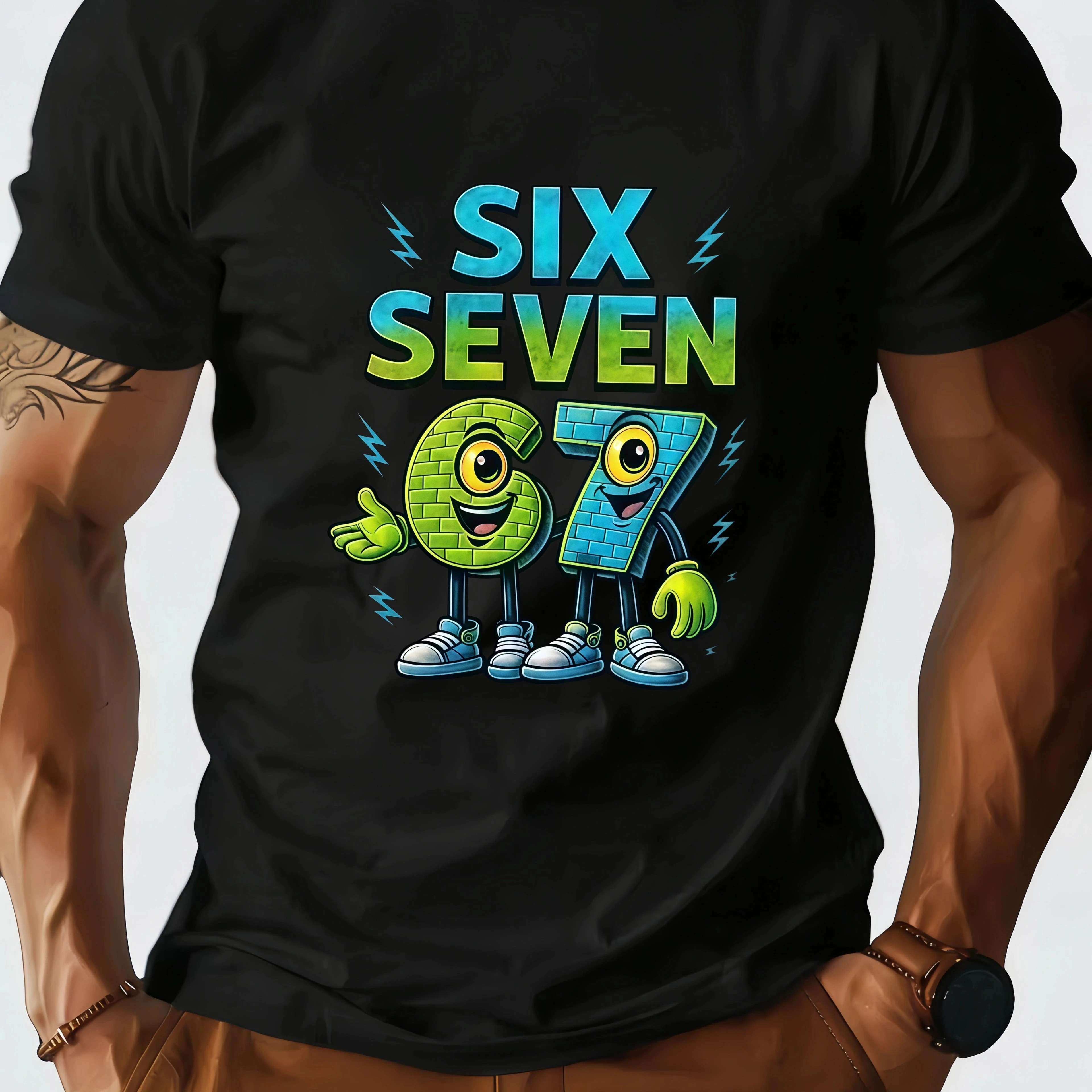 Men's Casual SIX SEVEN Short-Sleeved T-Shirt - White Background with Brick Pattern Cartoon - 67 Print Shirt Men's Clothing