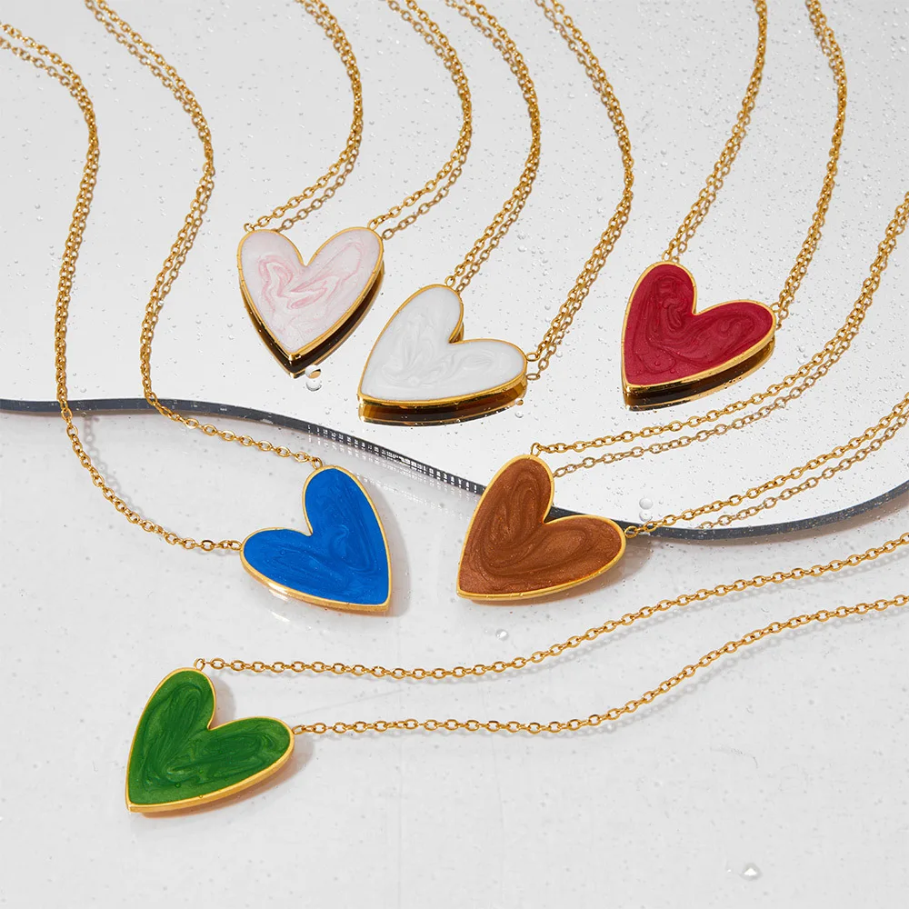 Ins 18K Gold PVD Plated Stainless Steel Colorful Enamel Heart Necklace Earring Set For Women Spring Summer Jewelry  Waterproof