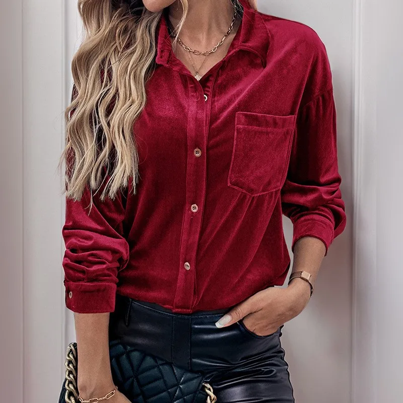 Women Blouses Velvet Shirts Elegant Casual Solid Solor Tops Long Sleeve Loose Fit Shirt With Button Warm Clothes Blouse Winter