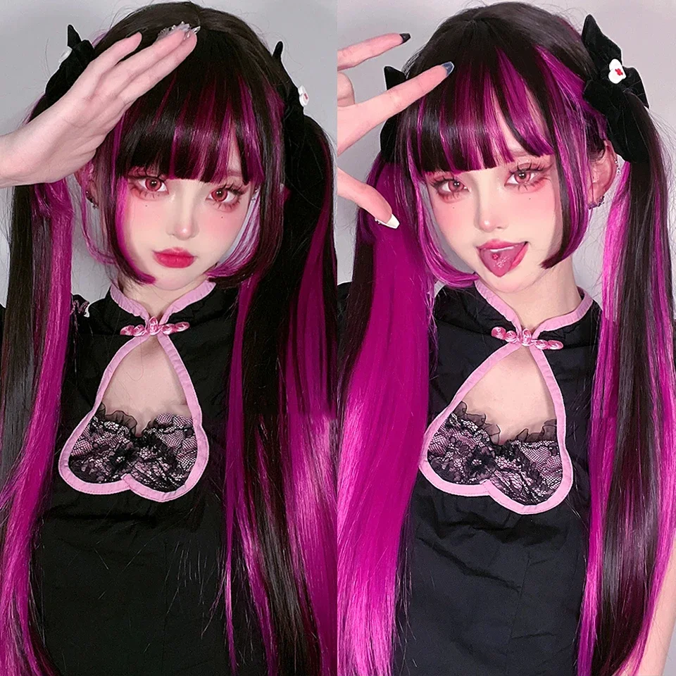 OLACARE syntetyczna długa prosta peruka Lolita z grzywką peruka dziewczyna śliczna mieszana czarna czerwona blond na imprezę Cosplay Halloween
