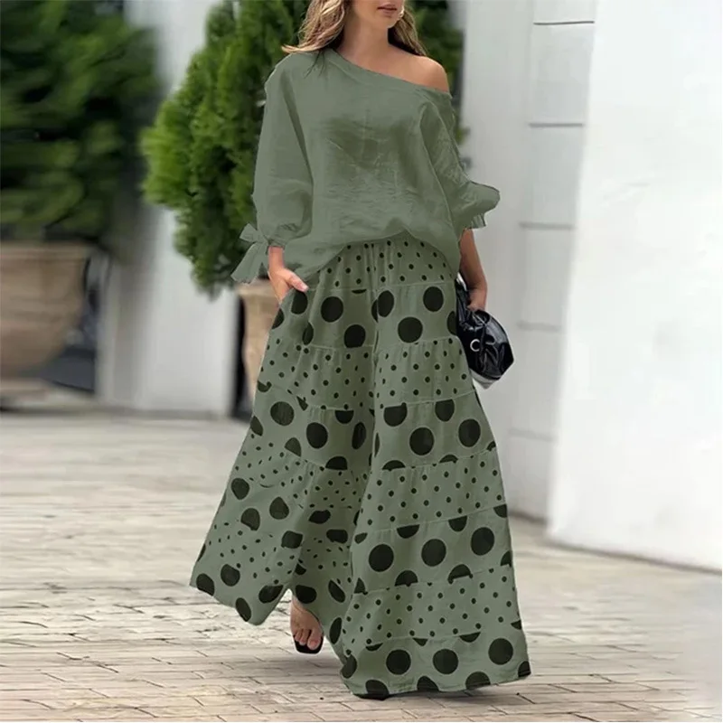 Elegant Women\'s Casual Off Shoulder Long Sleeved Lace Up Loose Shirt With Fashionable Polka Dot Print Long Skirt 2-piece Set
