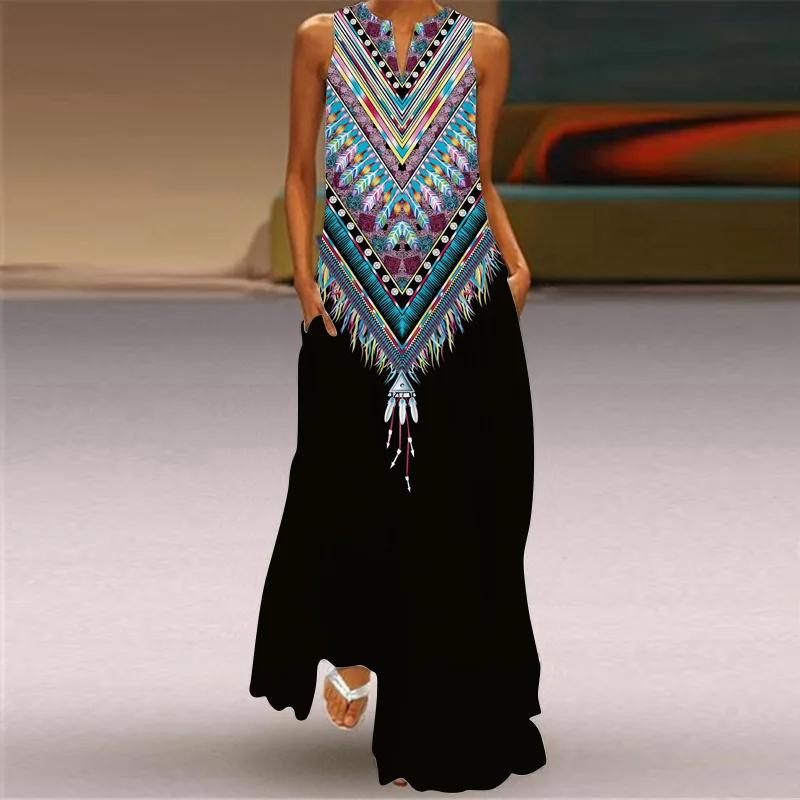 Retro Feest Stijl Gewaad Vakantie V-Kraag Sexy Zonnebloem Printing Jurken Elegante Vrouwen Boho Strand Faldas Largas Vestidos Mujer