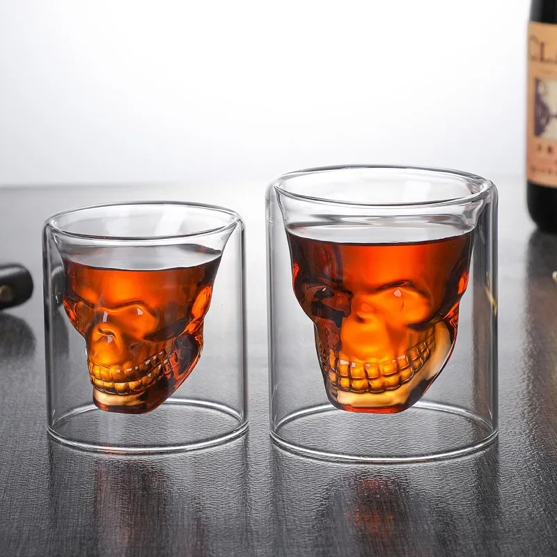 Double-layered Transparent Skull Head Coffee Mug Crystal Glass Cup for Home Bar Club Whiskey Tequila Wine Vodka and Beer Wine