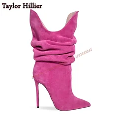 Suede Pleated V-Neck Short Boots Pointed Toe Stiletto Slip-On Autumn Fashion Boots Fashionable Casual Rose Red Short Boots  47