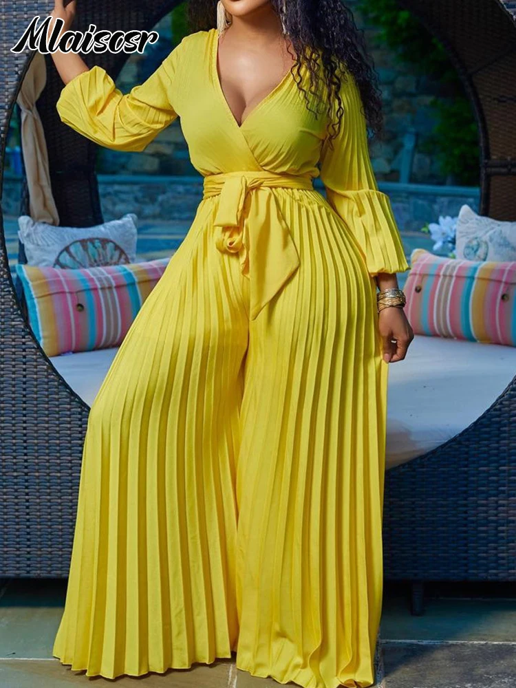 

Элегантный африканский свободный комбинезон Mlaiscsr для женщин: с длинными рукавами, V-образным вырезом, широкими брюками на завязках, плиссированный, цельный.