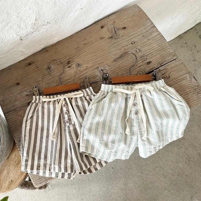 New0-3Yers Vintage Linen Cotton Baby Boys Stripe Shorts Casual Buttons Pocket Design Baby Short Pants for Toddler Girls Clothing