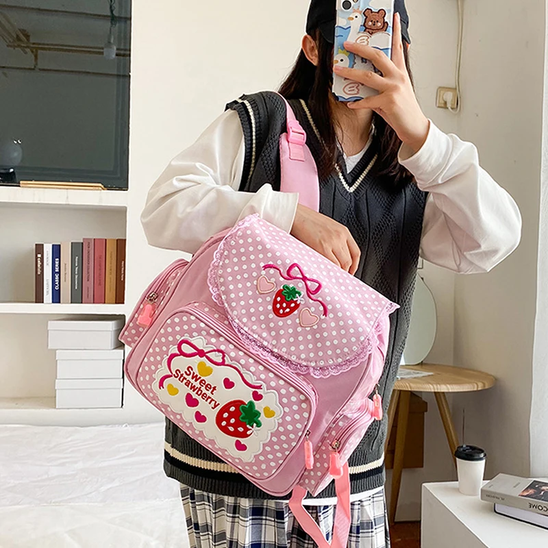 Embroidery Strawberry Cartoon Backpack Large Capacity Kids Schoolbag Student Travel Shoulder Bag Gift