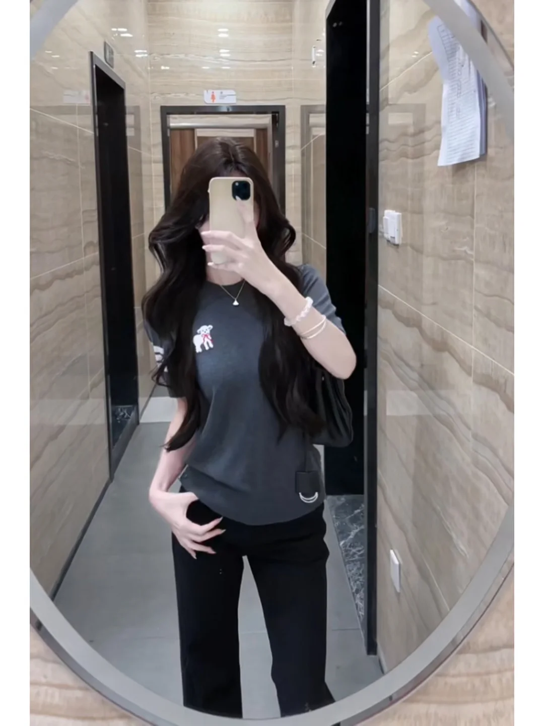 

Gray Three-Stripes Embroidered round Neck Short Sleeve Knitted Sweater Women's Summer Loose Versatile Slimming Top
