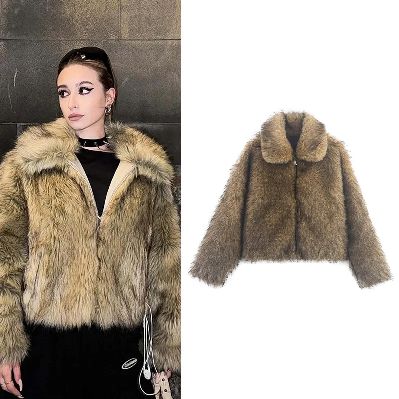 Women Faux Fur Coat Autumn Turn Down Collar Long Sleeve Women's Jacket with Zipper Fashion Female Coats