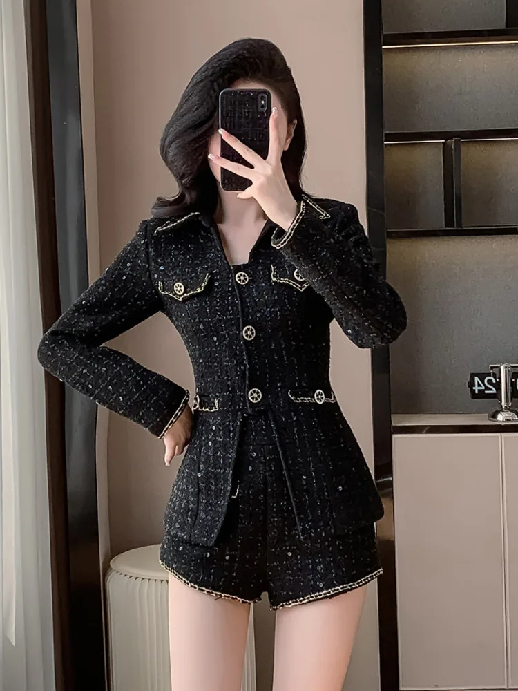 High Quality French Vintage Luxury Tweed 2 Piece Pant Sets For Women Jacket Coat + Shorts Sets Korean Lady Two Piece Pant Suits