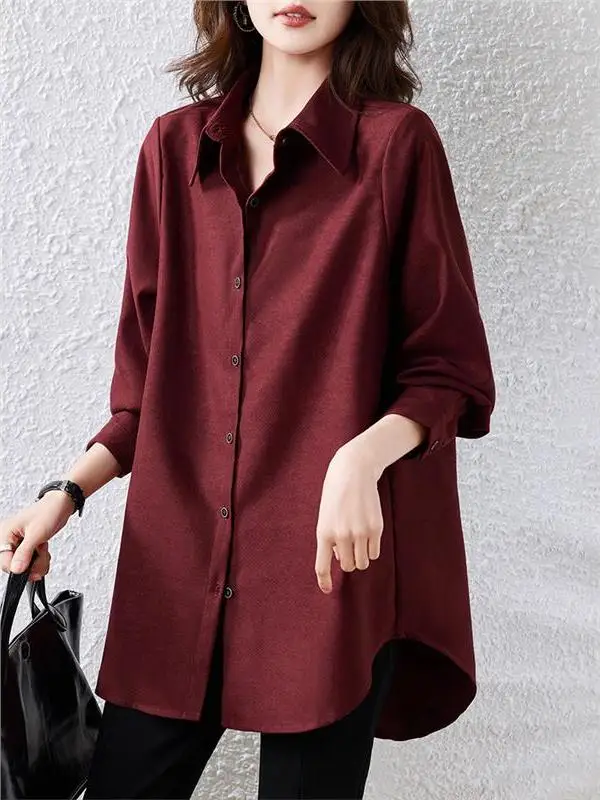 

Свободная повседневная однотонная женская весенняя мода Midi irt New Sle, универсальная корейская версия, длинная офисная одежда на пуговицах