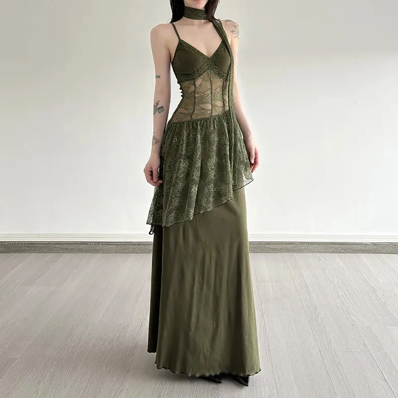 Abito da donna con scollo a barchetta in pizzo francese elegante stile Hepburn con giunture abito longuette Y2K streetwear abiti da vacanza per ragazze calde