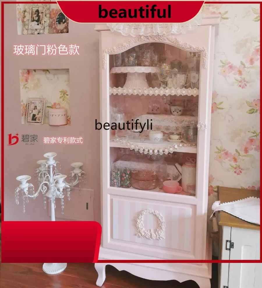 

French carved dining side cabinet cream style display bookcase solid wood H