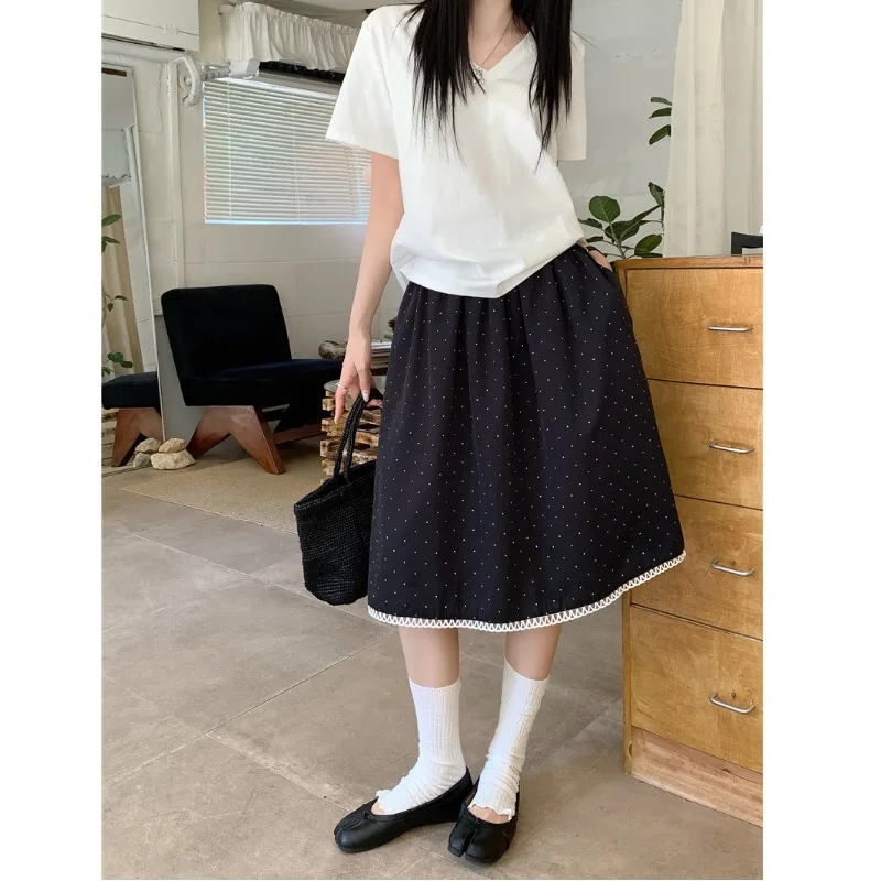 

plus Size Women's Fashion Polka Dot Pocket Midi Skirt A-Line Lace Trim Korean Style High Waist Casual Polyester Fiber Summer ...
