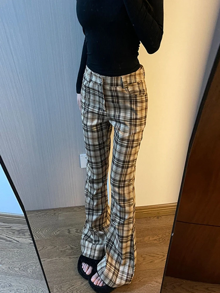 Donne coreano moda Plaid Flare pantaloni lunghi campana fondo Grunge pantaloni Slim Gyaru Y2k giapponese Streetwear 2000s estetico retrò