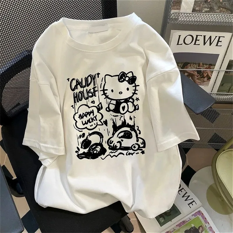 

Hot Hello Kitty Printed T-shirts Kawaii Girls Pure Cotton Y2k Tops Loose Hip Hop Streetwear Fashion Women's T-shirt Short Sleeve