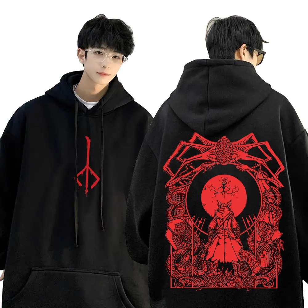 Herren Loose-Fit Streetwear, Bloodborne Game Grafik-Hoodie, Horror Hunter Cosplay Hoodie, Unisex Casual Retro Pullover – Detail 2