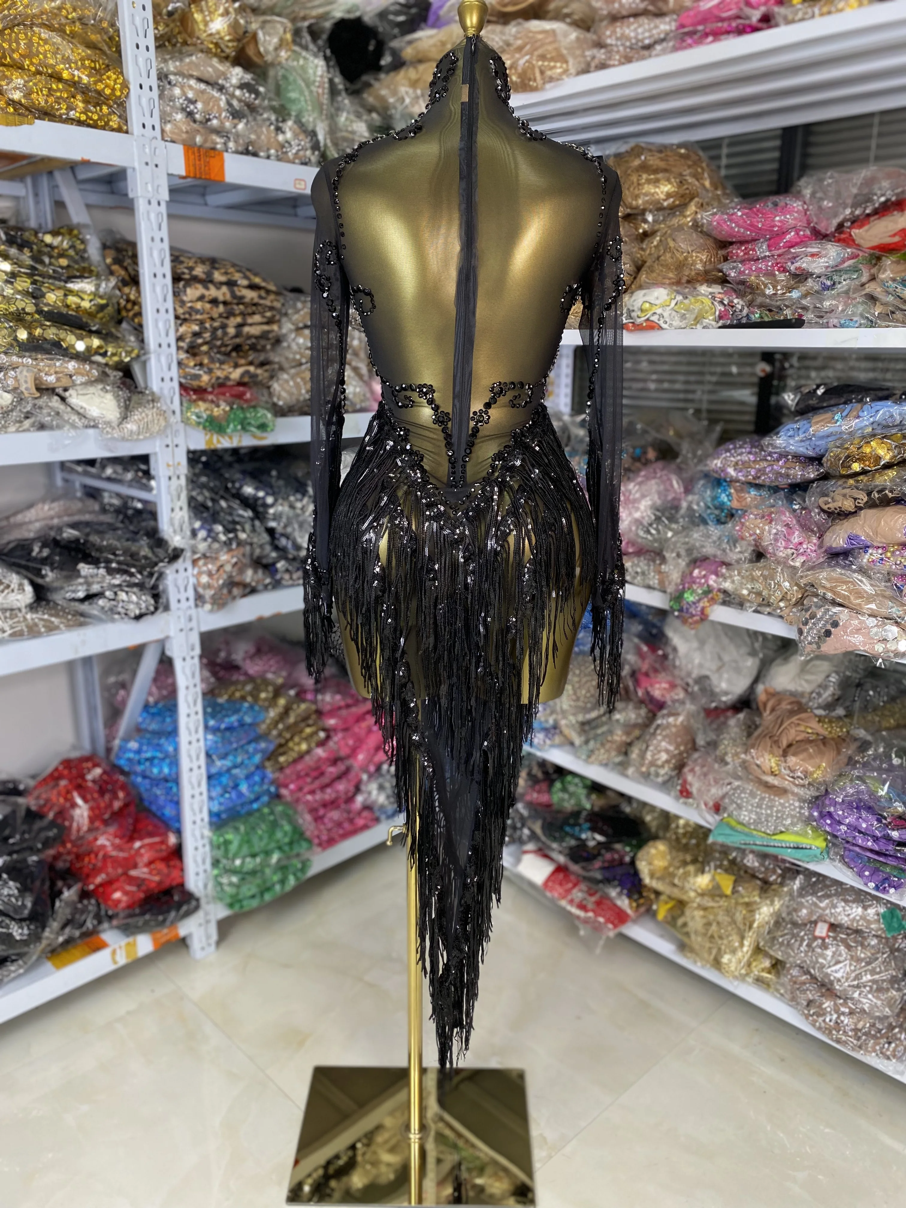 

Wholesale Women Rhinestones Sequines Tassel Mesh Bodycon Asymmetric Dress See Through Ballroom Competition Performance Costumes
