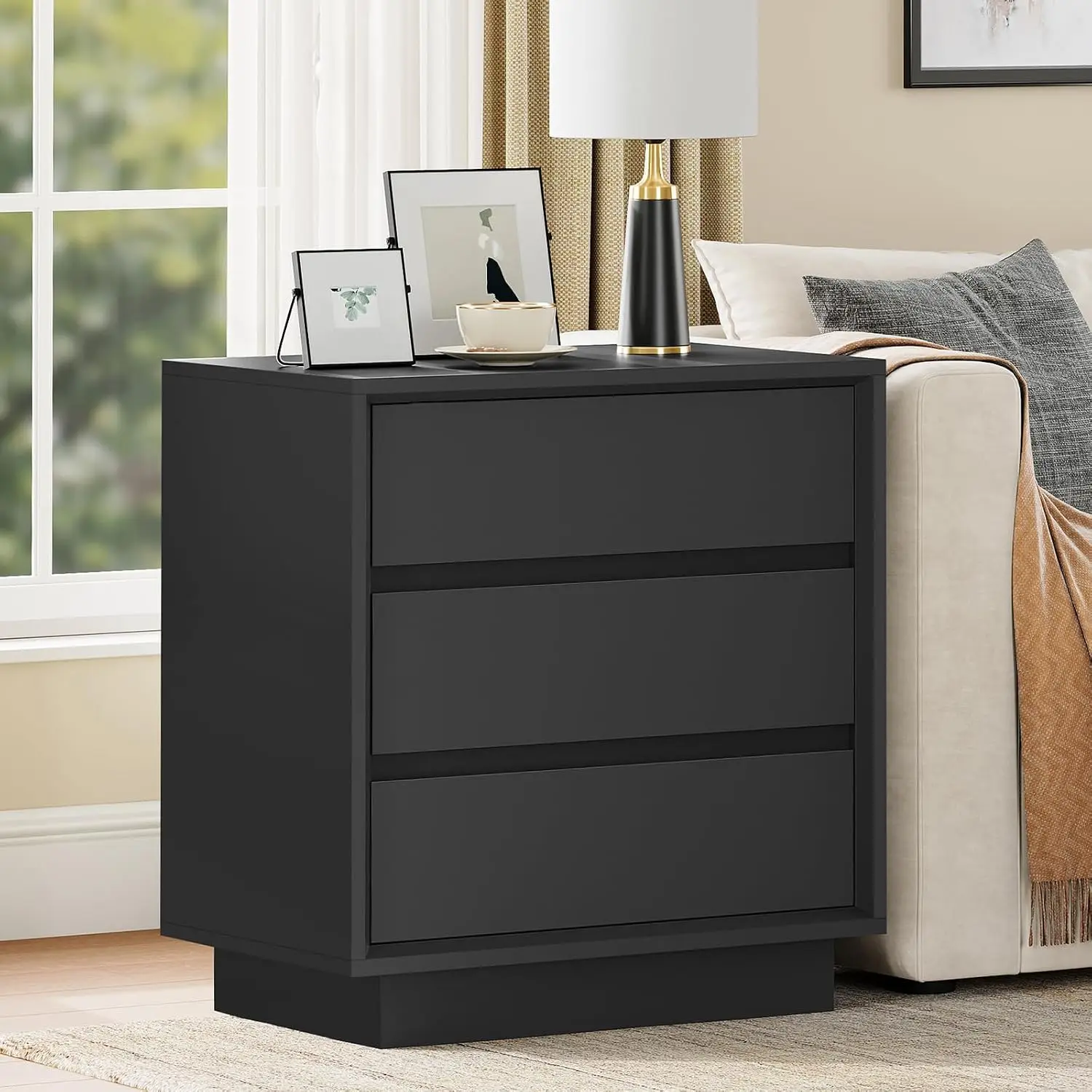 Bedside Nightstand Set of 2 with 3 Drawers & Cut-Out Handle, End Table for Bedroom, 17.7