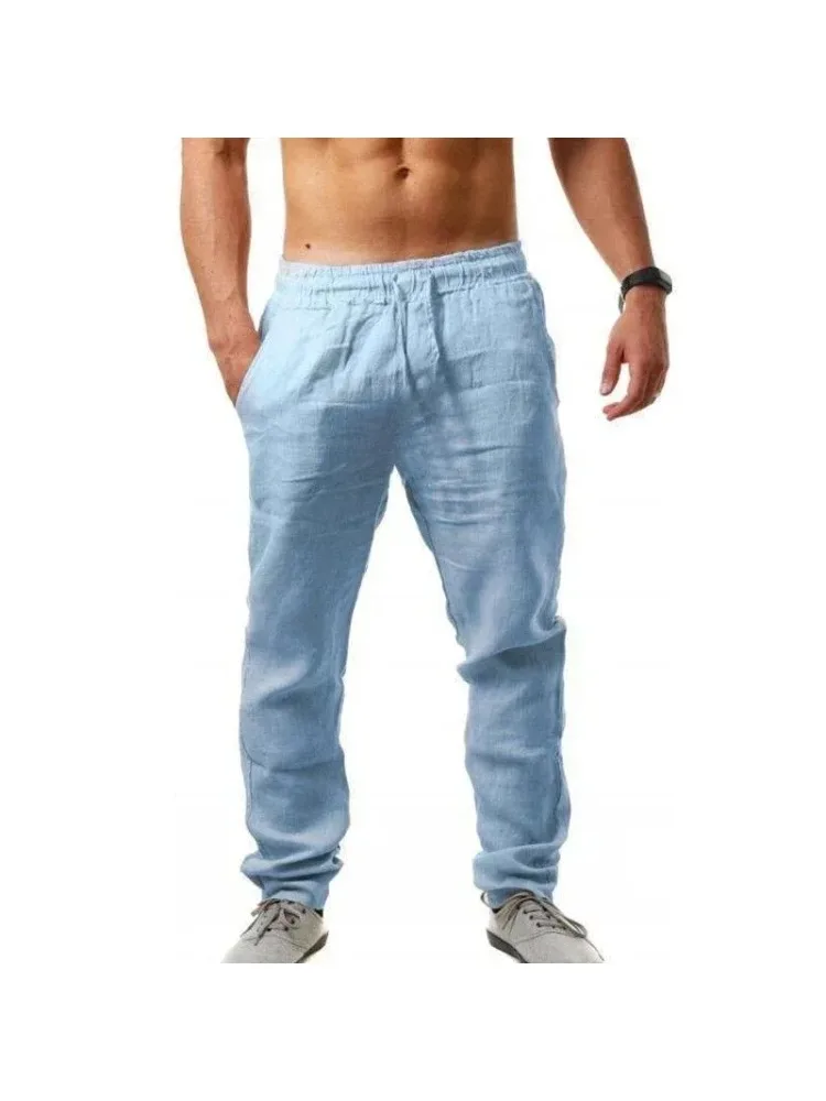 Sportbroek nieuw lente/zomer modemerk heren hiphop ademend katoen linnen effen kleur eenvoudige broek met wijde pijpen en trekkoord - afbeelding 2