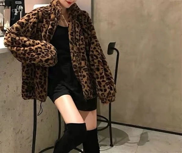 Autumn and Winter New Cotton Thick Leopard Print Coat  Loose Retro Plush Coat