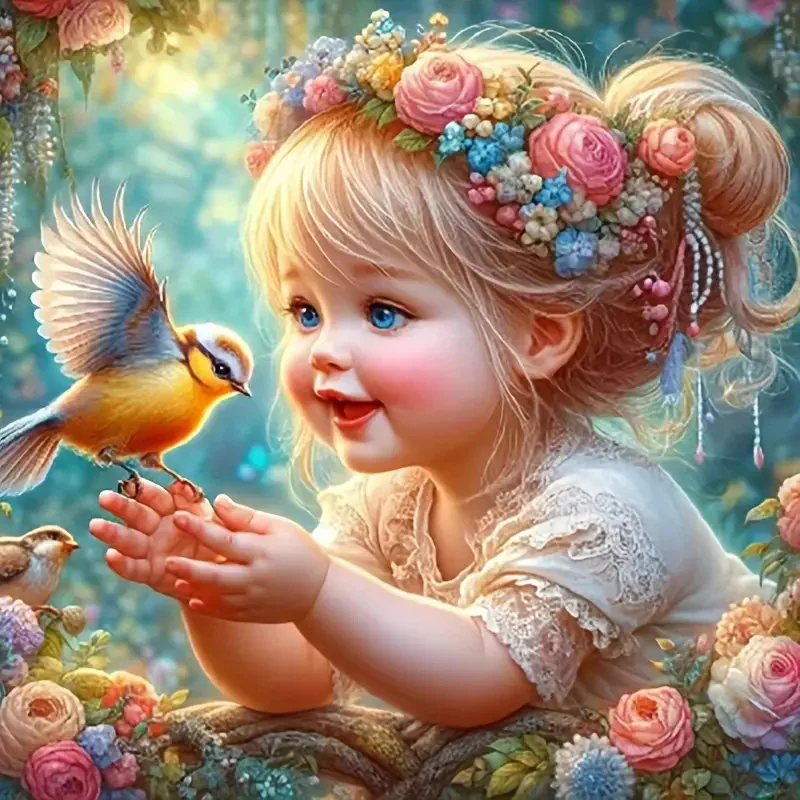 5D Diamant Stickerei Mädchen Porträt Voll Platz Runde Malerei Vogel DIY Bild Strass Mosaik Kind Handwerk