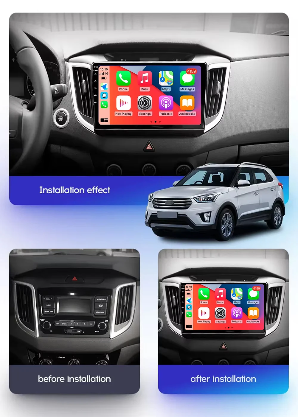 Android 14 Carplay Auto For Hyundai Creta IX25 2015 2016 2017 2018 2019 Multimedia Stereo Player GPS Navigation Wifi FM System