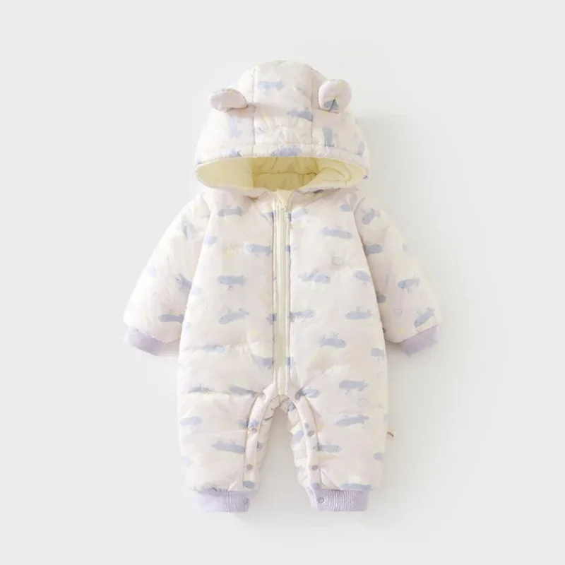 Cute Printed Hooded Zipper Romper Autumn Winter Baby Thick Quilted Jumpsuit Warm Newborn Outerwear