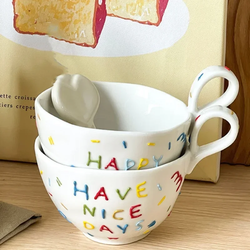 

300ML Ceramic Mug Cute Water Cup with Handle Tableware Dessert Breakfast Milk Oats Mug Creative Birthday Present Couples Cup