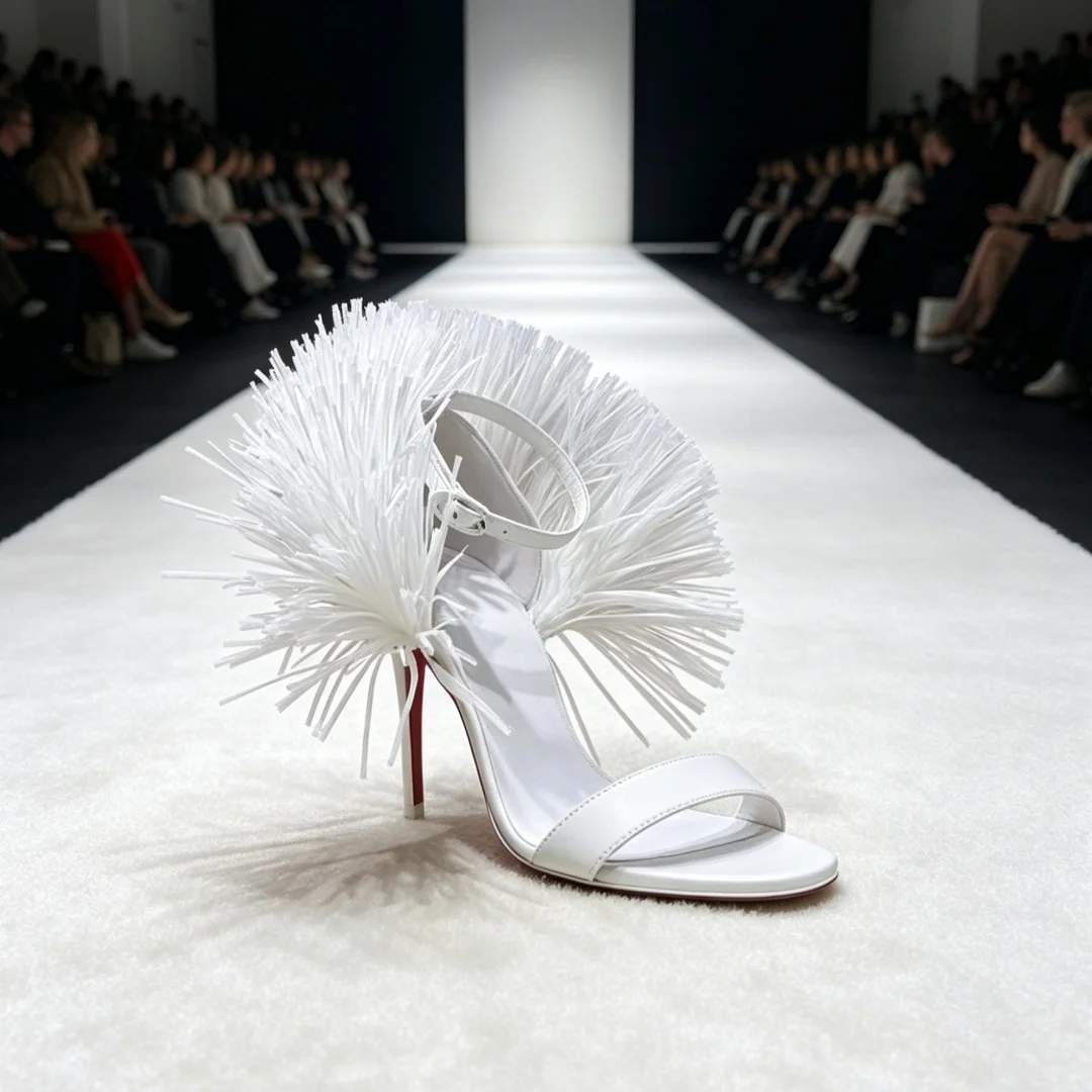 White Leather Women's Sandals Ankle Decorate Striking Raffia Grass Bouncy Ball Single Shoes Female Red Sole High Heels 36-42 New view 2