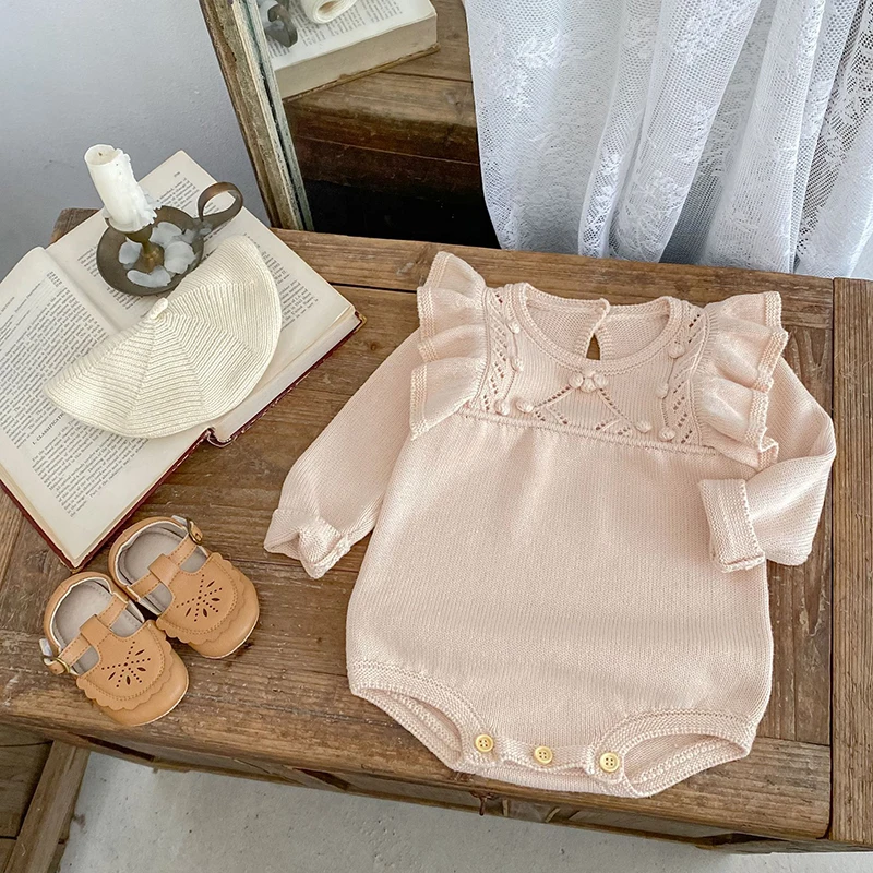 ربيع الخريف الطفل محبوك رومبير طفلة 0-24 متر رومبير طويلة الأكمام الوليد الصلبة الدانتيل طويلة الأكمام الملابس الرضع حللا