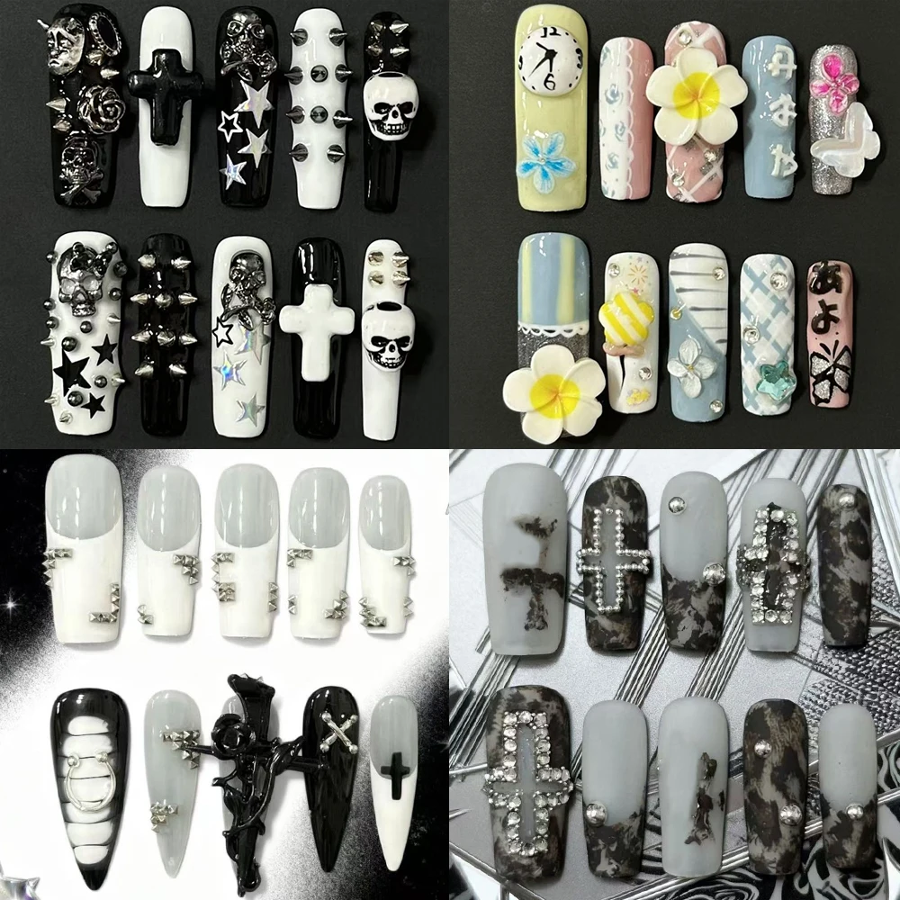 

Spice Girl Long Square Dragon Shaped Claw Handmande Press On Nails Metal Rivet Skull Flower Diamond Bowknot Wings Fake Nails