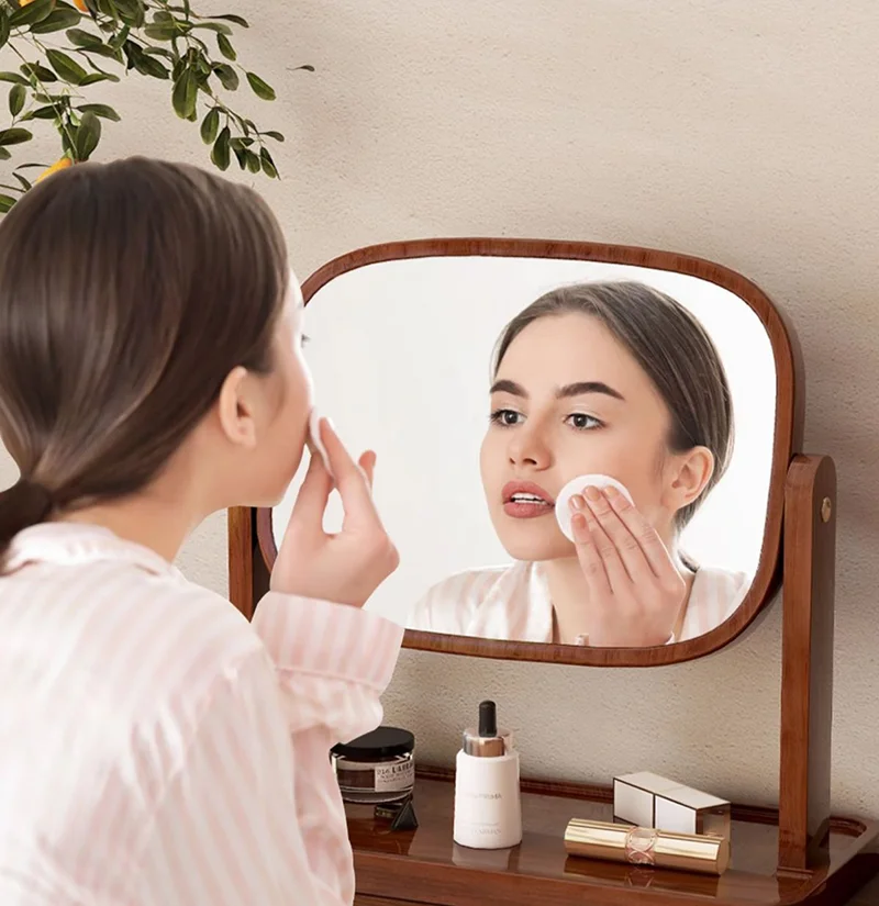 Madeira maciça 360 °   Espelho de vaidade giratório com armazenamento - Espelho de penteadeira de mesa vintage para quarto de meninas, espelho de maquiagem clássico