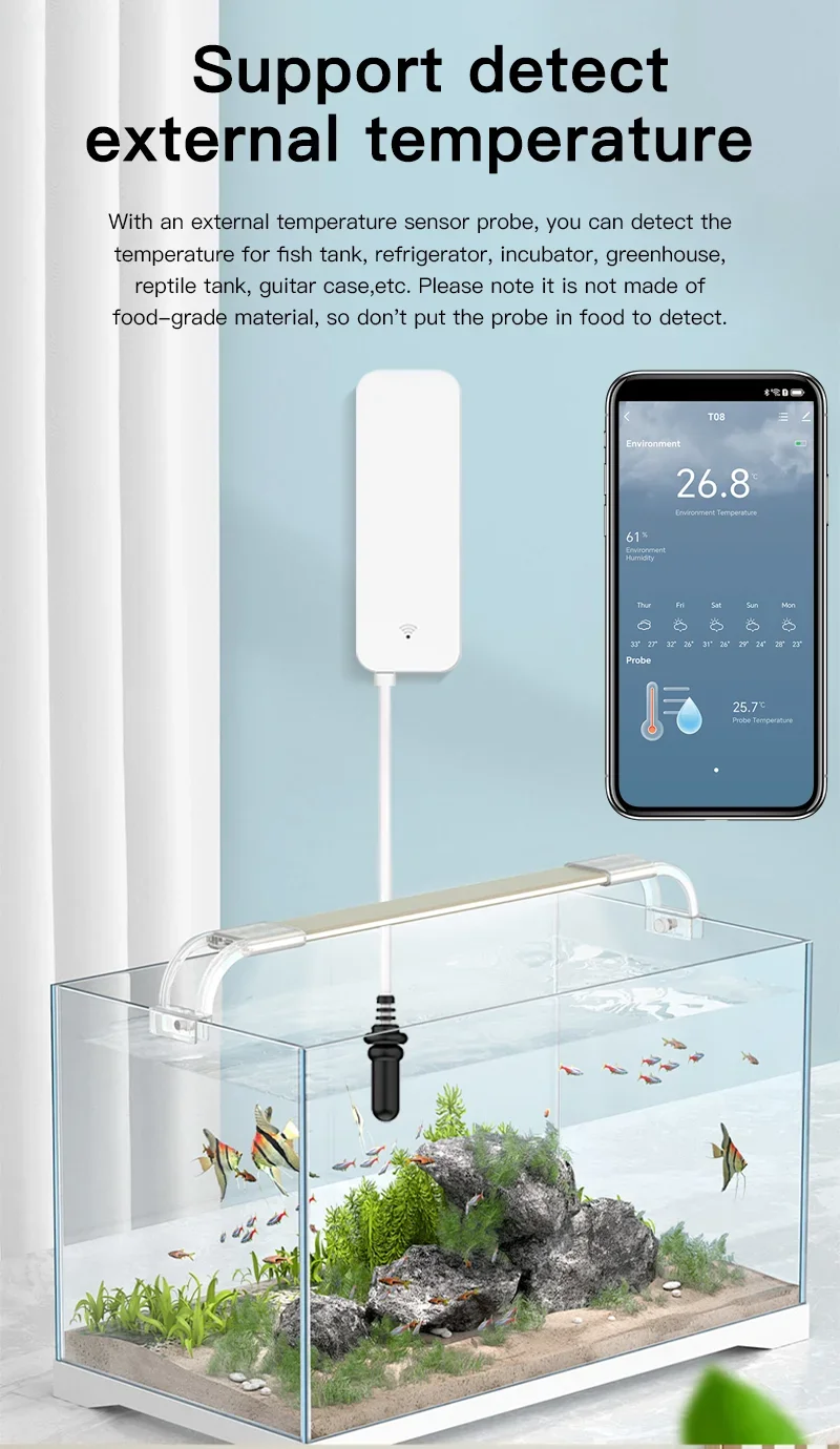 Tuya WiFi مستشعر درجة الحرارة والرطوبة مع مسبار خارجي مقياس الرطوبة اللاسلكي مراقب التطبيق لخزان الأسماك الثلاجة #3