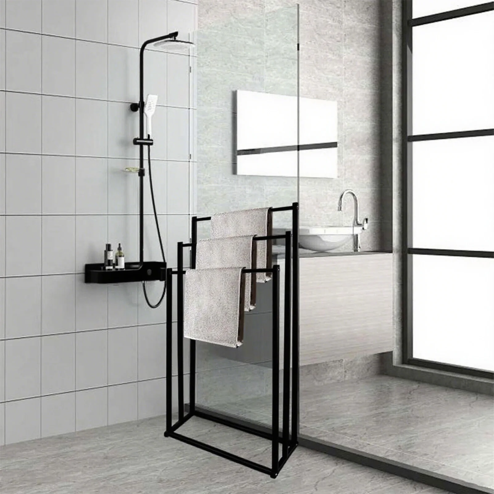 Porte-serviettes sur pied en acier carbone antirouille à 3 niveaux, design stable et autoportant, support de séchage multi-niveaux pour salle de bain, chambre et intérieur