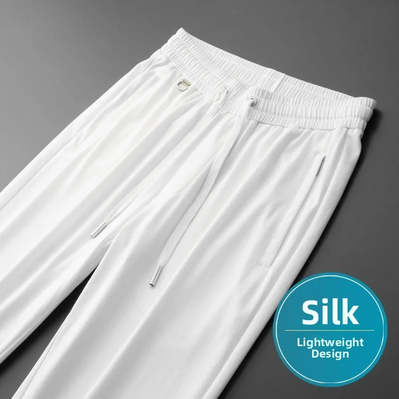 

High-End Silk Men's Casual Pants Ultra-Thin Straight-Leg Loose Pure White Sport Trousers Youth Faion Sle