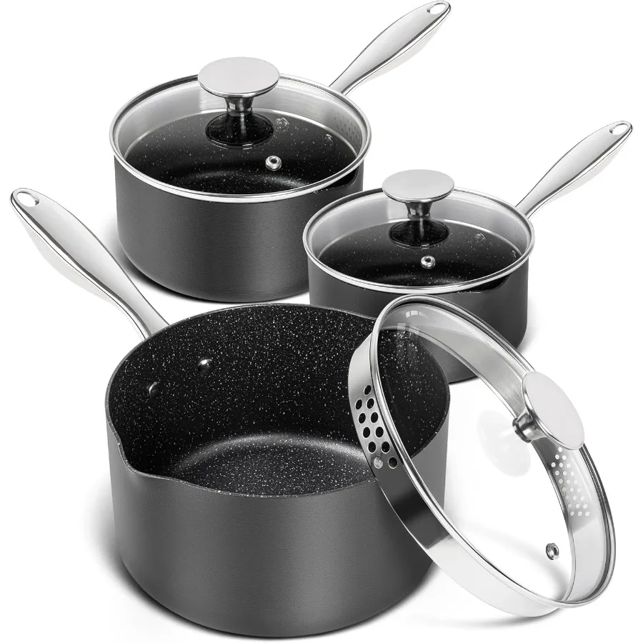 

Hard Anodized Saucepan Set with Lids, Nonstick Saucepan with Pour Spouts & Strainer Lid for Easy Pour, Granite Derived Coating S