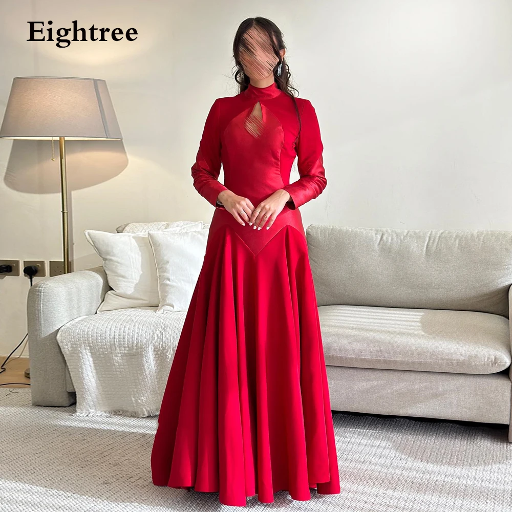 

Eightree Simple Red Evening Dresses Dubai Arabic Women Long Sleeves High Neck Formal Party Dress Prom Gowns Vestidos de fiesta