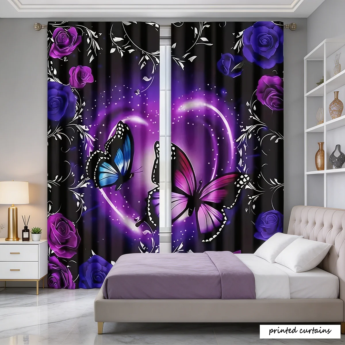 2 Purple butterfly Heart Pattern Printed Curtains with Pole Bag Design, Suitable for Bedrooms and Living Rooms