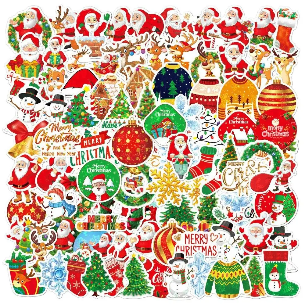 100pcs/set Cute Merry Christmas Stickers DIY Graffiti Santa Claus Snowman Pattern Decorative Decals Handmade Desktop Wall Decor