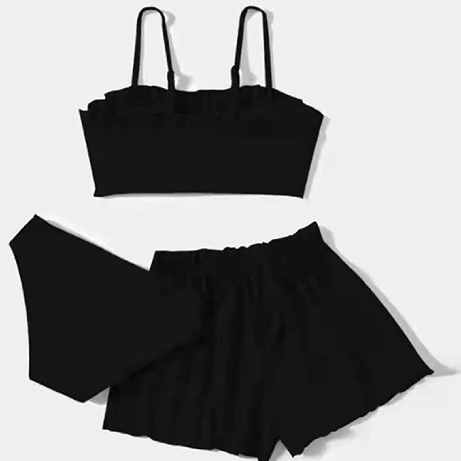 3pcs/set Kids Child Solid Blue Black Bikini Tops Underpants Ruffles Skirt Girls Swimsuits Bathing Suit Swimwear For Teens Small