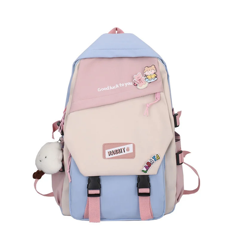 

TRAVEASY Korean High School Woman Backpack Nylon Contrast Color Shoulder Bag Preppy Style Teenage Girl Casual with Plush Pendant