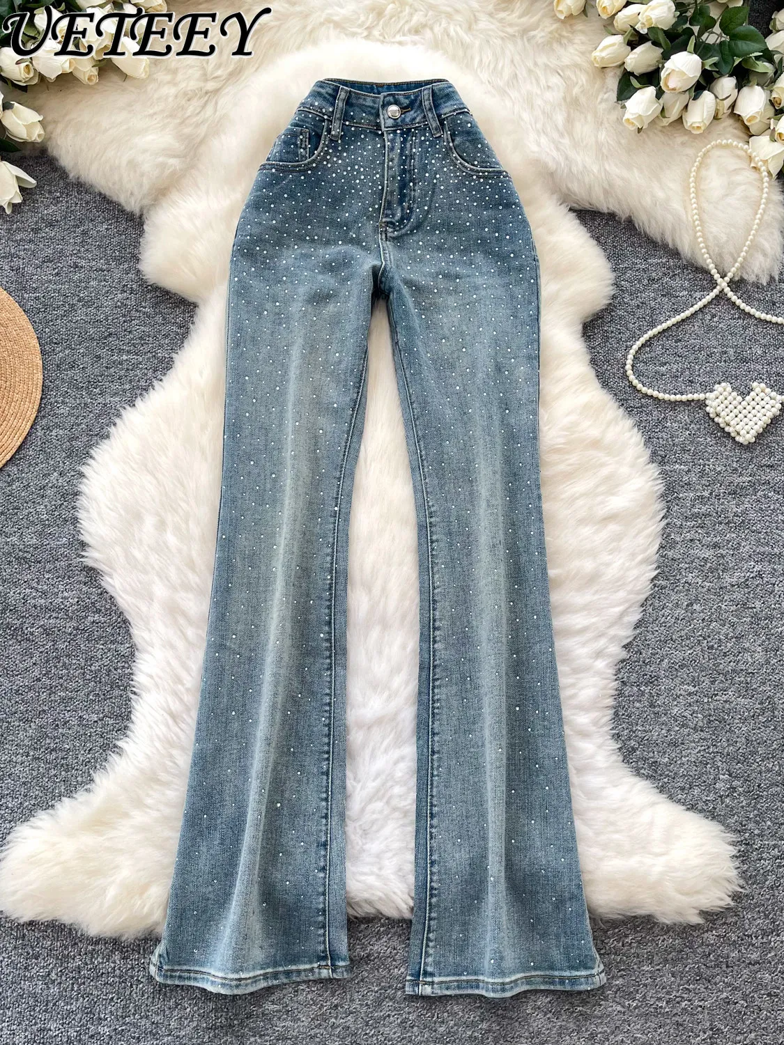 

American Retro High Waist Jeans Fashion Starry Rhinestone Blue Denim Bootcut Pants Women's Spring Slimming Match Casual Pants