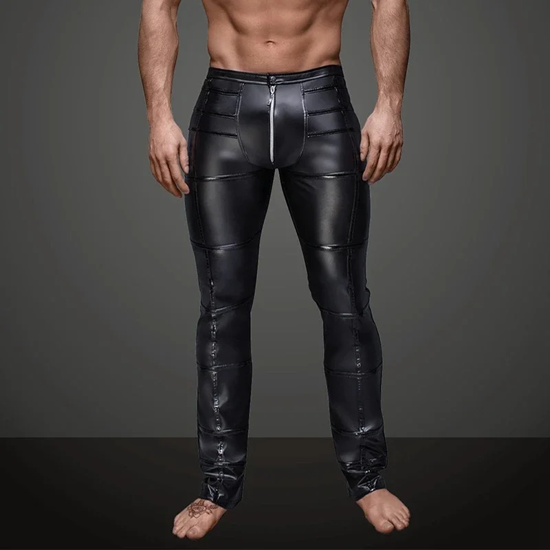 Men Sexy Wetlook Faux Leather Lingerie Exotic Pants PU Latex Catsuit Zipper Crotch PVC Clubwear Gay Fetish Pants Leggings Zentai