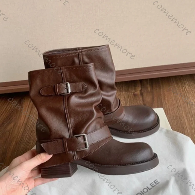 Comemore Stiefeletten für Damen, modisch, Leder, Herbst, Damenschuhe, dicker Absatz, Plattform, Motorradstiefel, britische Arbeit, kurze Botas