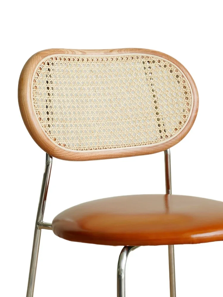 

Japanese retro rattan dining chair living room household stainless steel back chair leather leisure chair