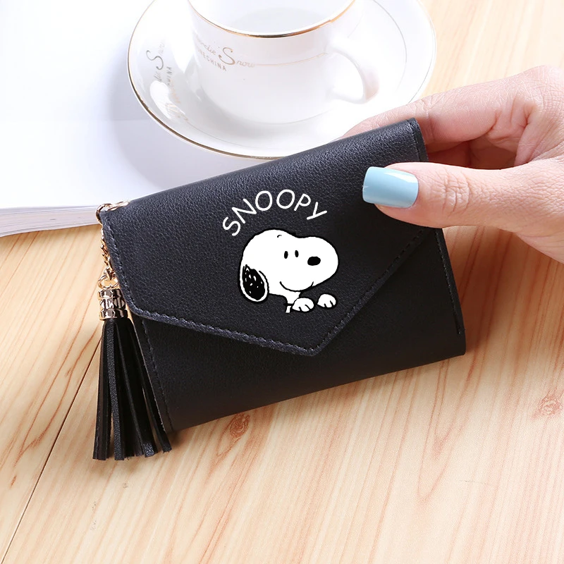 Snoopy Women Short Wallet Fashion Coin Purse for Girl Card Holder Cute Small Ladies PU Leather Female Tassel Pendant Buttons Bag