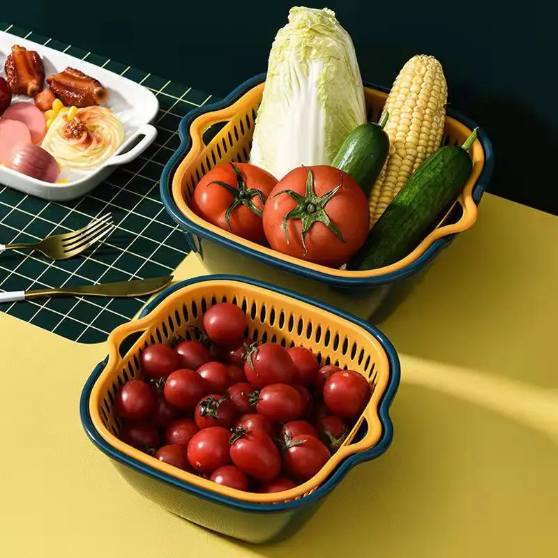 Multifunctional Double-Layer Drainage Basket Kitchen Fruit And Vegetable Basket Rice Washing Basket Food Storage Basket